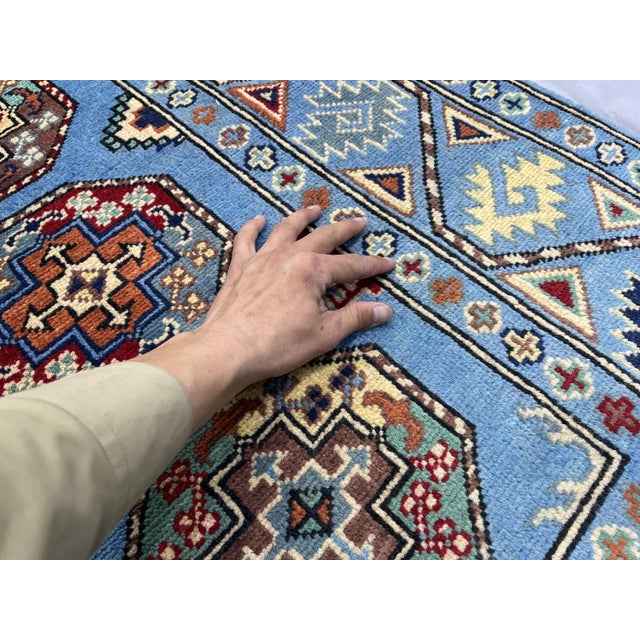 Blue and Burgundy Bokhara Wool Runner Rug With Tribal Gul Motifs, 2'11" X 9'7" For Sale - Image 14 of 17