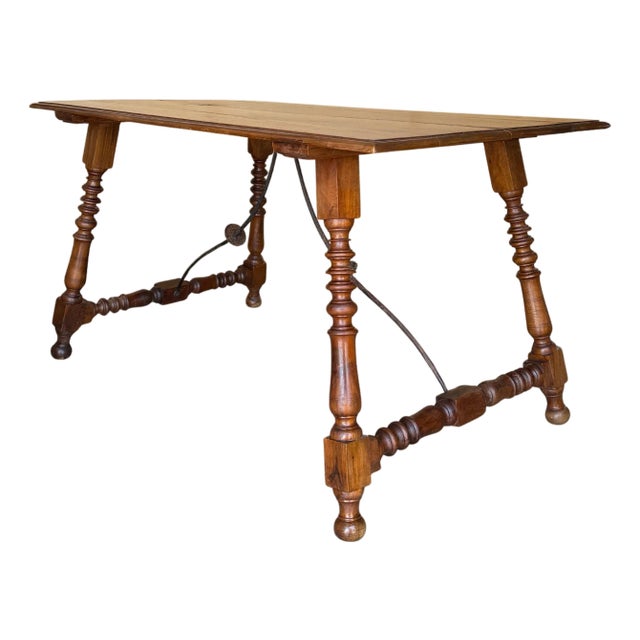 19th Spanish Sturdy Side Table with Carved Turned Legs and Double Stretcher For Sale
