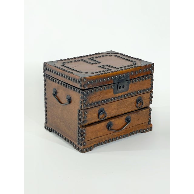 Handsome vintage nailhead jewelry chest. Top lifts for storage and two additional storage drawers. Makes a nice Father's...