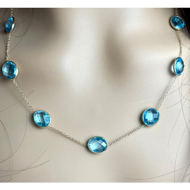 Blue 14k Yellow Gold Large Sized Blue Topaz Bezel Station Necklace 20 Inch For Sale - Image 8 of 10