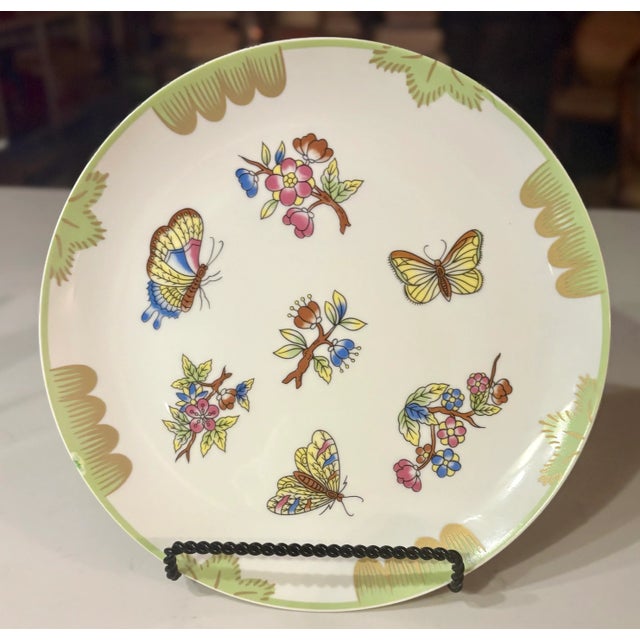 Celadon Hand Painted Chinoiserie Butterfly Garden Party Decorative Plate For Sale - Image 8 of 8