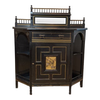 Late 19th Century Victorian Era Black Enamel SideBoard /Buffet With Florentine Trim & Hand Painted Bird Accents on Door For Sale