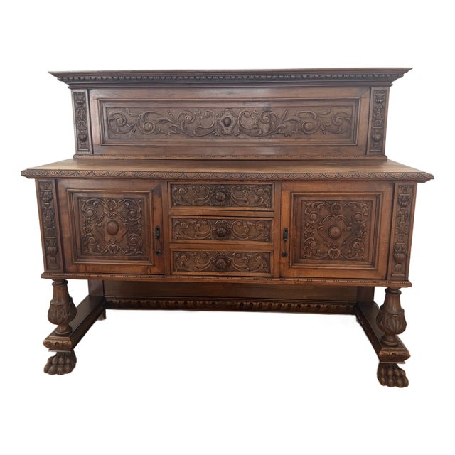 Antique American Renaissance Revival Carved Oak Sideboard Buffet, Circa 1890–1910 For Sale