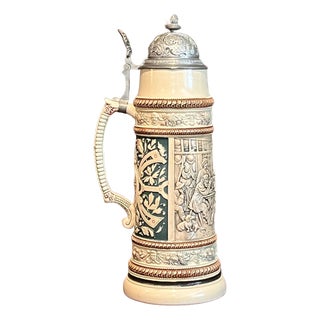 Antique German 2.5L Relief Beer Stein Der Sonntagsjäger Pewter Lid 17" For Sale