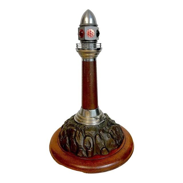 Early 20th Century French Art Deco Bronze, Steel, Crystal and Wood Model of a Lighthouse Lamp For Sale