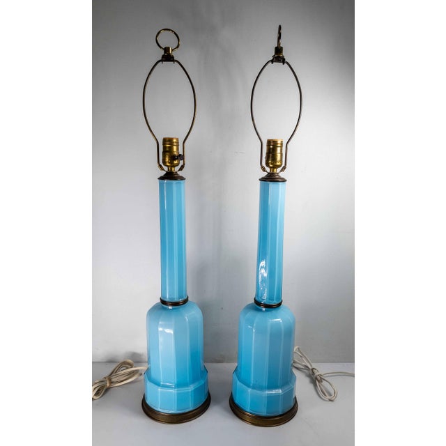Early 20th Century Early 20th Century Pair of French Baby Sky Blue Opaline Glass Table Lamps For Sale - Image 5 of 14