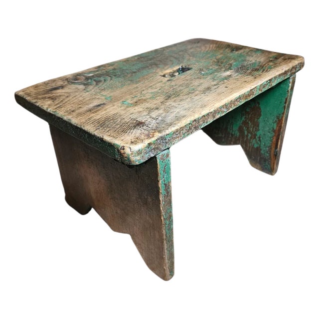 Early 20th Century Rustic Wooden Step Stool, Original Green Paint With Cut Out Hole For Sale