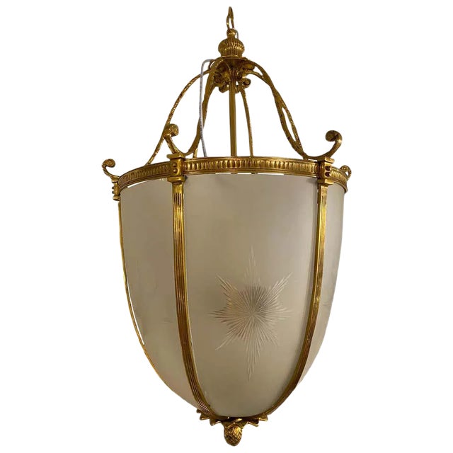 Large 20th-Century Hanging Frosted Glass and Ormolu Lantern For Sale
