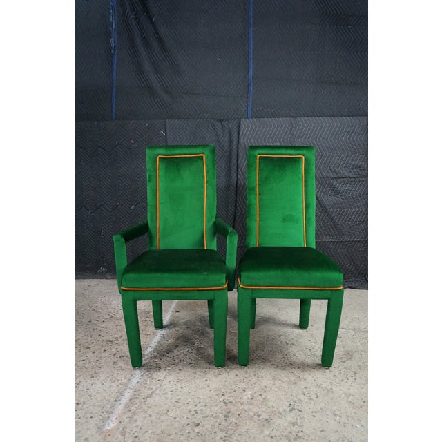 Milo Baughman 8 Mid 20th Century Hollywood Regency Green Velvet Parsons Style Dining Chairs After Milo Baughman For Sale - Image 4 of 18