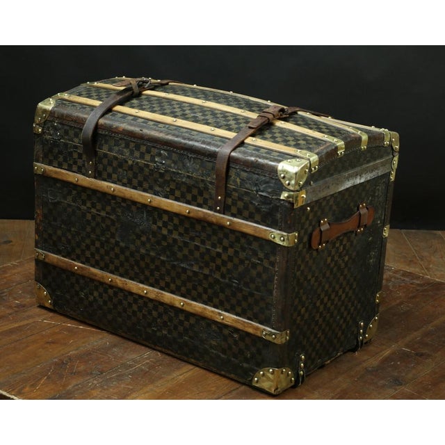 Damier Domed Trunk with Leather Straps, 1920s For Sale - Image 6 of 9