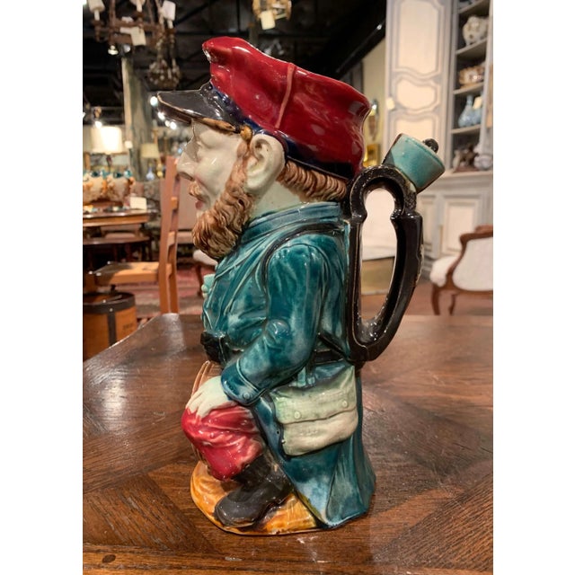 Ceramic 19th Century French Onnaing Hand-Painted Barbotine Soldier Pitcher For Sale - Image 7 of 13
