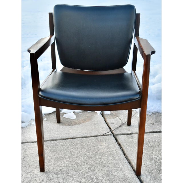 Black Thonet Walnut Arm Chairs Mid Century Modern Black Vinyl Pair Office For Sale - Image 8 of 11