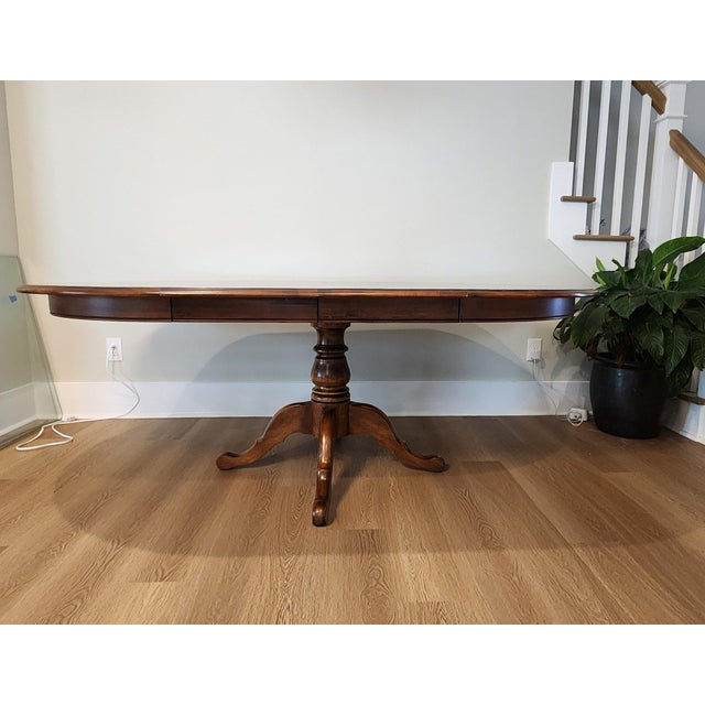Vintage Ethan Allen Heirloom Collection Drop Leaf Pedestal Dining Table, 44" Round Extends to 78" For Sale - Image 16 of 17