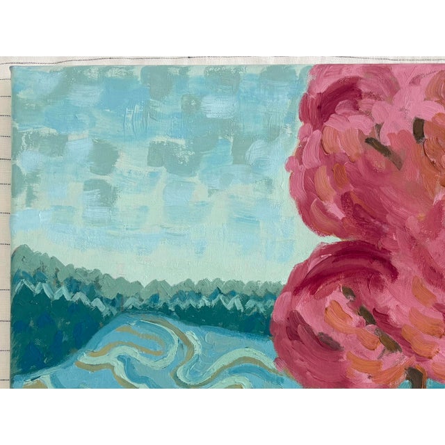 A contemporary oil on linen landscape with impressionistic style impasto brush strokes and lyrical markings with a pink...
