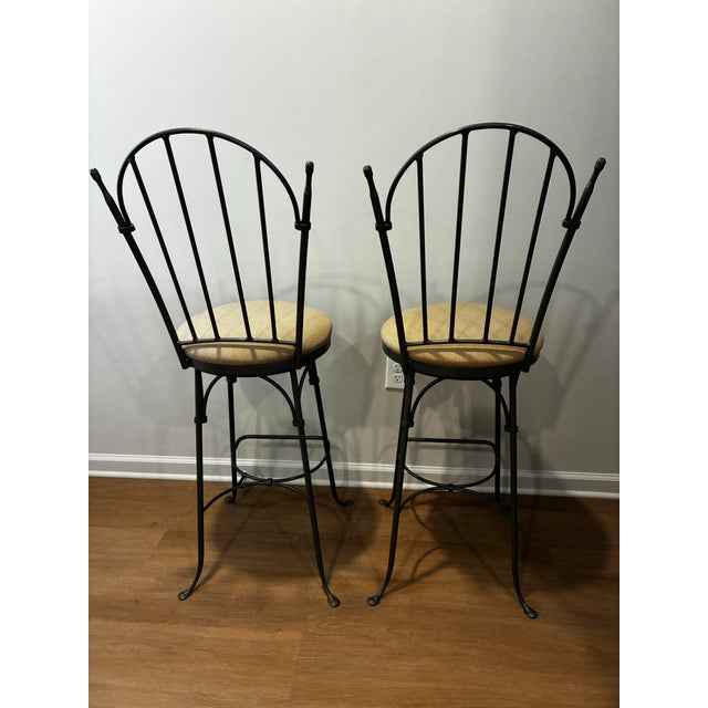 Late 20th Century Pair Charleston Forge Gray Wrought Iron Arched Swivel Bar Stools For Sale - Image 4 of 12