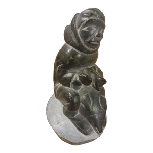 Artist Signed Vintage Inuit Soapstone Sculpture of a Hunter With a Fish