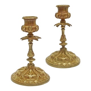 Antique Pair English Gothic Revival Bronze Candlesticks Registered 1863 Signed W. Tonks & Sons For Sale