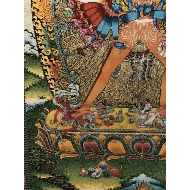 Chinese Xizang Embroidery and Brocade Thangka Buddha Painting - Wrathful Deity Protector Wall Art - Hand Painted Buddhist Sacred Scroll Mid 20th Century For Sale - Image 3 of 6