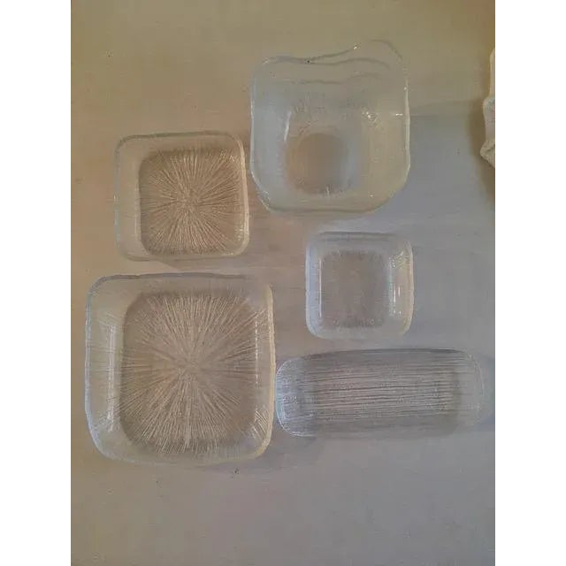 9 piece unique vintage transparent art glass Salad Set - with a heavy glass linear striated exterior texture, smooth...
