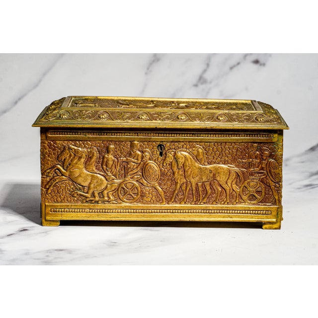 Dating to circa 1915, this impressive antique metal jewelry casket is a beautifully substantial example of early 20th-...