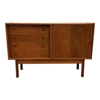 Danish Modern Teak Low Sideboard With 4 Drawers and Sliding Door, Circa 1960s For Sale
