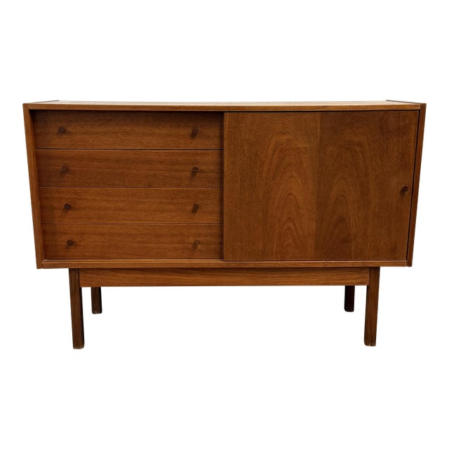 Danish Modern Teak Low Sideboard With 4 Drawers and Sliding Door, Circa 1960s For Sale