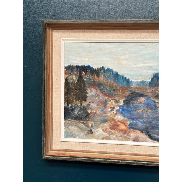 Mid-Century Modern Kaj, Landscape with River and Forest, 1950s, Oil on Canvas, Framed For Sale - Image 3 of 18