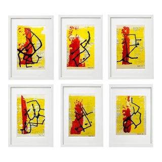 # High-End Framed Abstract Black, Yellow & Red Original Drawings on 'The Beatles' Music and Lyrics Score Sheets For Sale