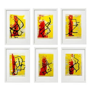 # High-End Framed Abstract Black, Yellow & Red Original Drawings on 'The Beatles' Music and Lyrics Score Sheets