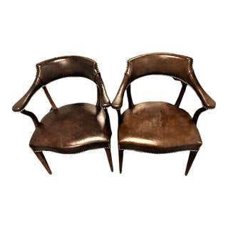 Pair of Vintage Hickory Chair Company Leather and Walnut Library or Club Chairs - Mid 20th Century For Sale