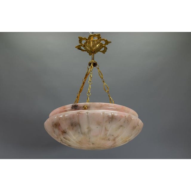 Art Deco French Pink and Gray Alabaster and Bronze Pendant Light, 1920s For Sale - Image 13 of 18