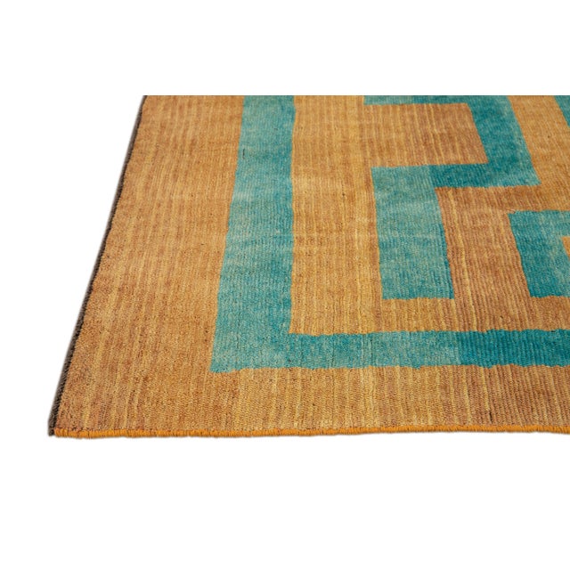 Contemporary Modern Deco Style Handmade Geometric Goldenrod and Teal Wool Rug For Sale - Image 3 of 9