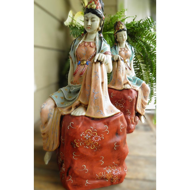 Wildwood Rare Pair of Quan-Yin Buddhist Bodhisattvas of Compassion Porcelain Statues For Sale - Image 4 of 18