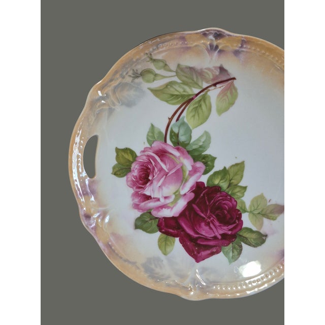 Vintage Romantic Roses Luster Edge Pierced Handles Serving Dissert Platter From Germany For Sale - Image 4 of 7