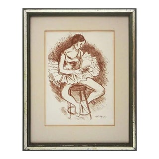 Mid 20th Century Artist Ballerina Lithograph Framed Moses Soyer Sepia For Sale