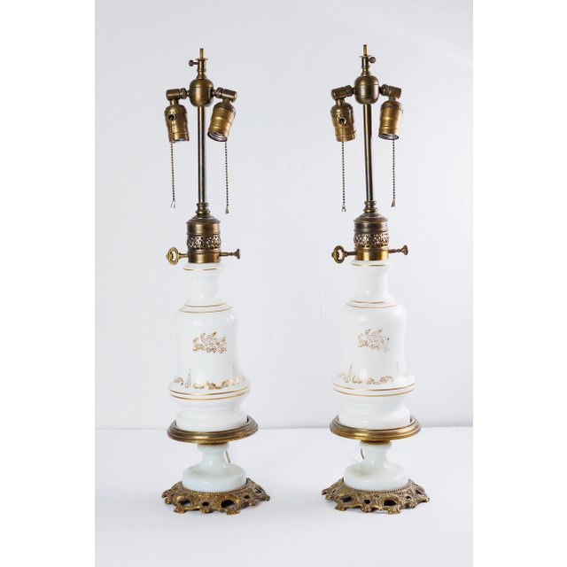 Metal Pair of Antique Late 19th Century White Milk Glass Table Lamps For Sale - Image 7 of 7