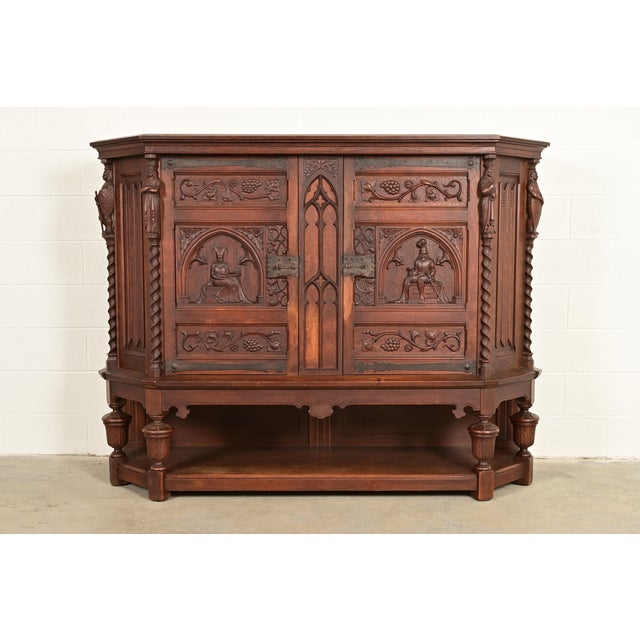 Antique French Gothic Revival Oak Bar Cabinet With Carved Figures, Circa 1890s For Sale - Image 14 of 14