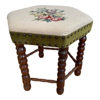 Vintage Mid-Century Footstool With Floral Needlepoint Tapestry For Sale