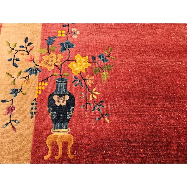 Red Vintage Chinese Art Deco Hand-Knotted Rug, Floral Motif, Wool, 1900s, 9' x 12' For Sale - Image 8 of 18