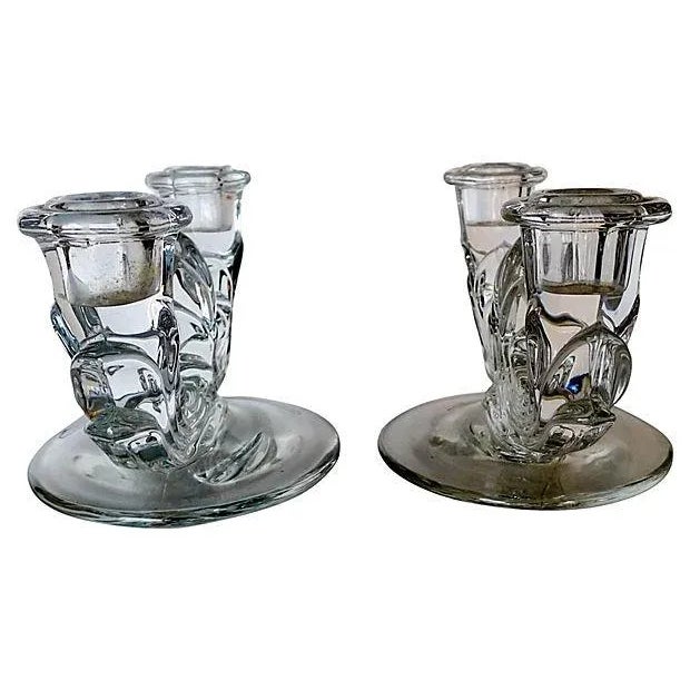 Art Deco Clear Glass Art Deco Candleholders - A Pair For Sale - Image 3 of 4