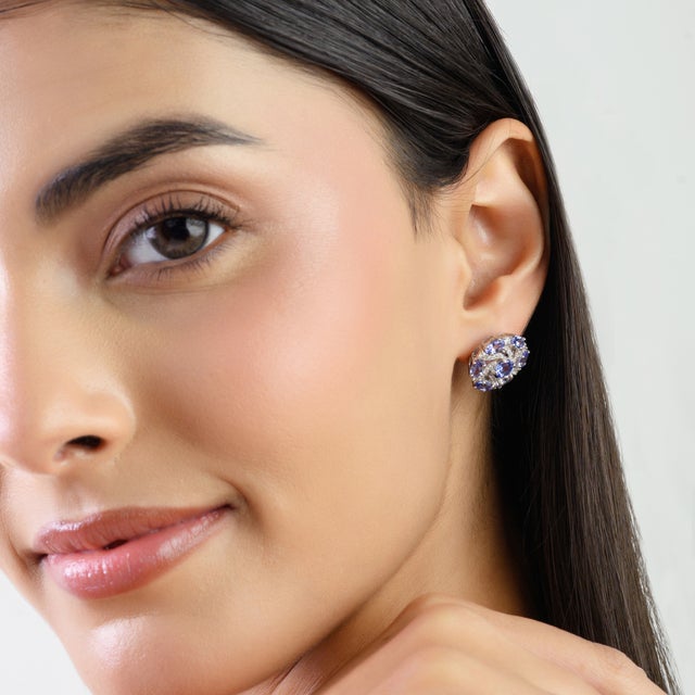 Mid-Century Solid Silver Tanzanite & Diamond Swirl Cluster Stud Earrings- 2 Pieces For Sale - Image 6 of 10