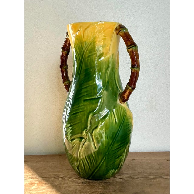 Vintage Boho Glazed Ceramic Banana Leaf Vase For Sale - Image 4 of 11