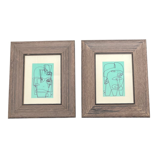 Contemporary 2 Original Wayne Cunningham Abstract Ink Drawings Distressed Wood Frames-a Pair For Sale