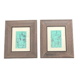 Contemporary 2 Original Wayne Cunningham Abstract Ink Drawings Distressed Wood Frames-a Pair