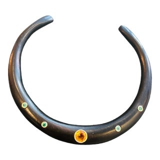 Wood Necklace With Citrine, Emeralds & 14k Gold For Sale