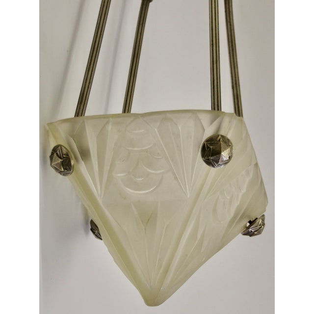 Metal Art Deco French Pendant Lamp by David Gueron for Verrerie Dart Degué, 1920s For Sale - Image 7 of 12
