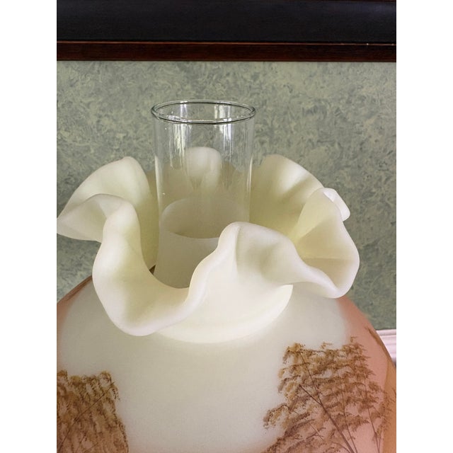 1970s Fenton Log Cabin Hurricane Lamp Hand Painted on Custard Glass For Sale - Image 5 of 14