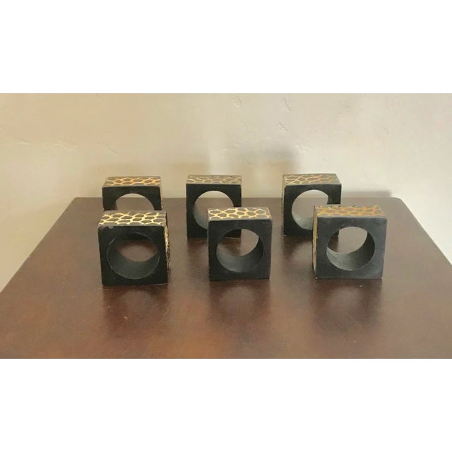 African Square Wildlife Zebra and Cheetah Carved Pattern Wood Napkin Rings - Set of 6 For Sale - Image 3 of 3