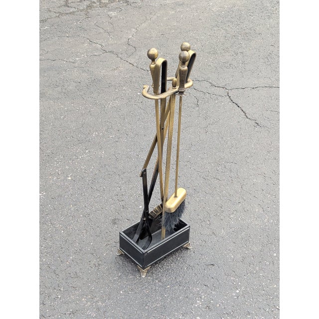 Vintage 4 Piece Set Brass Fireplace Tools With Stand For Sale - Image 10 of 10