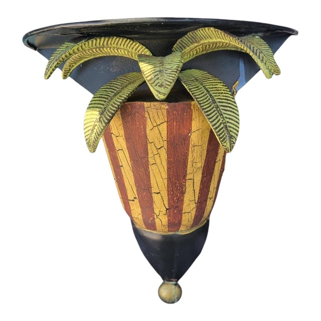 Vintage Palm Beach Regency Striped Painted Metal Palm Tree Wall Bracket / Shelf For Sale